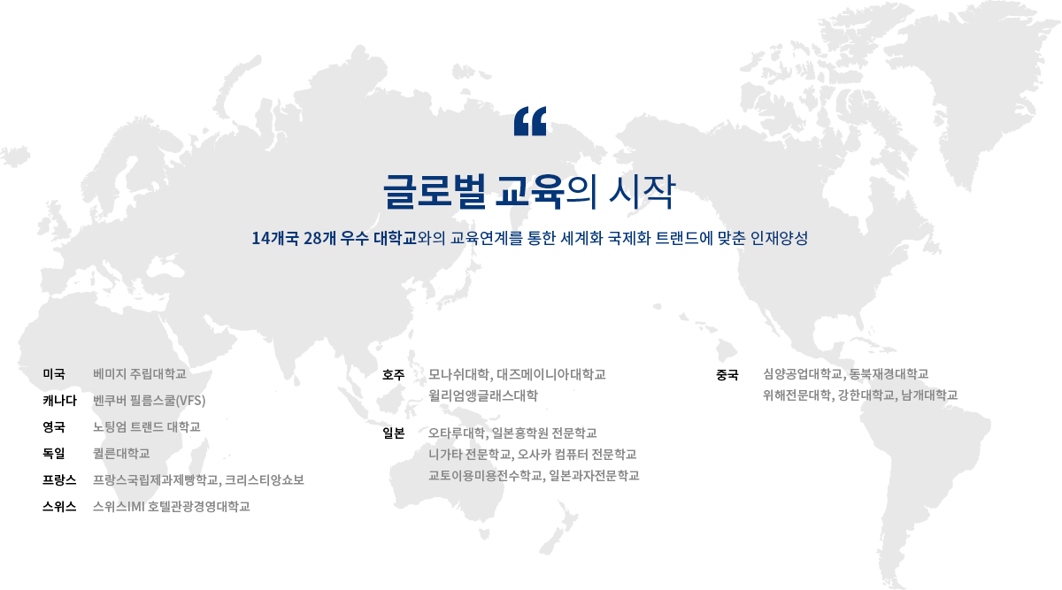 글로벌 교육의 시작 - 14개국 28개 우수 대학교와의 교육연계를 통한 세계화 국제화 트랜드에 맞춘 인재양성